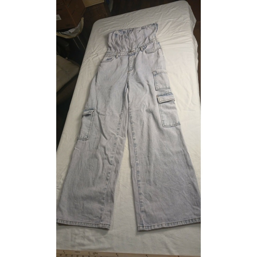 Wild Fable Light Wash Strapless Denim Cargo Jumpsuit Wide Leg Corset Top Small